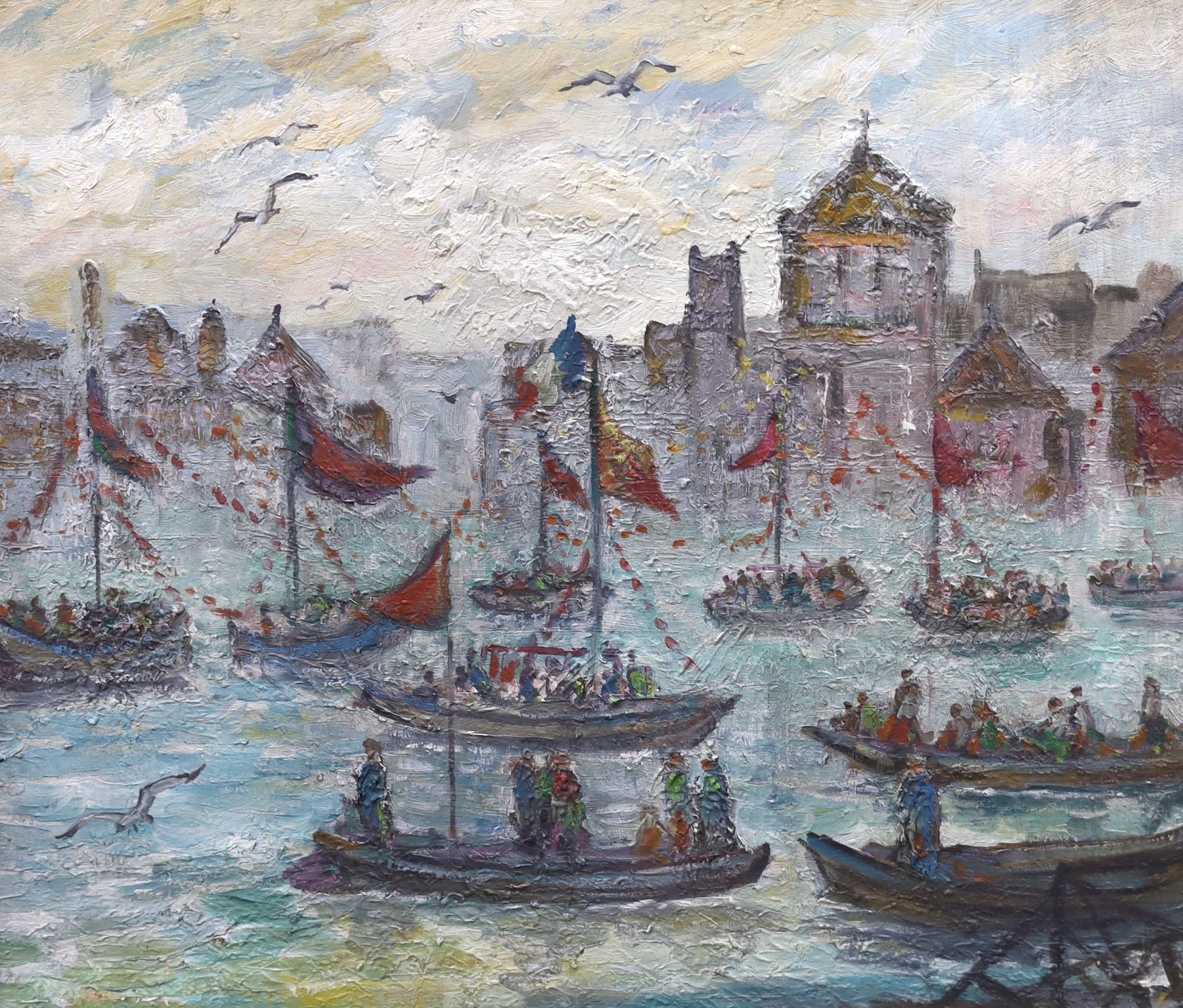 Attributed to André Hambourg (1909-1999), oil on canvas, French regatta scene, Christies label verso, 49 x 59cm